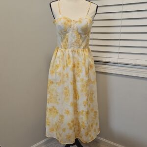 Main Strip Yellow and White Floral Midi Dress